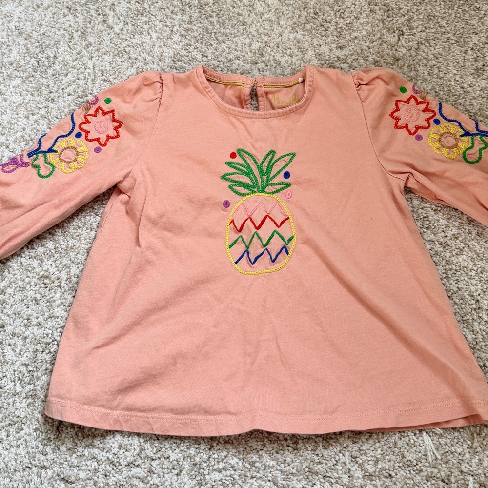 Mini Boden Coral Long Sleeve Top with Pineapple and Floral Embroidery